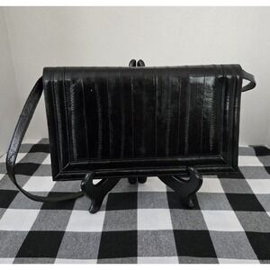Women's Genuine Eel Skin Handbag Purse Black Snap Close